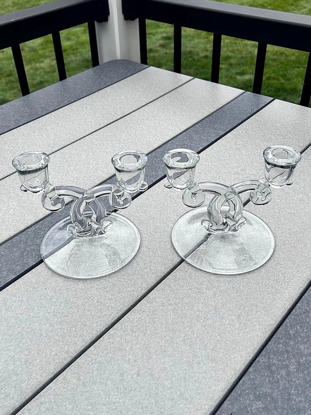 HEISEY GLASS Vintage Clear Glass Candlestick Holders Lariat pattern Set of 2 - Picture 3 of 6